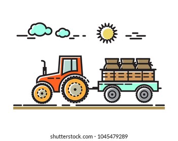 Tractor rides on the road. Vector illustration in flat style.
