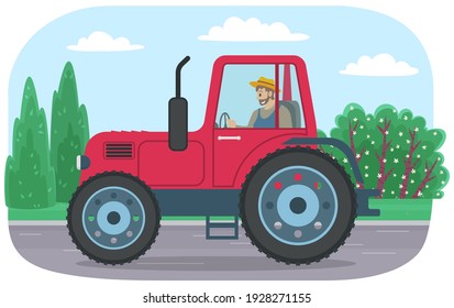 Tractor riding on green grass road. Agricultural machine vehicle for transportation of goods and cultivation. Driver is driving tractor vector illustration. Farming machine for working in field