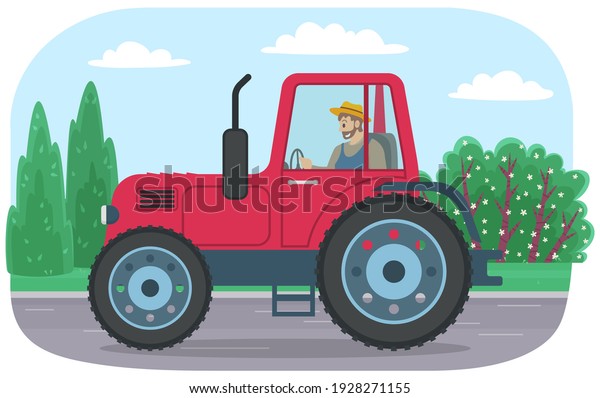 Tractor riding on green grass road. Agricultural\
machine vehicle for transportation of goods and cultivation. Driver\
is driving tractor vector illustration. Farming machine for working\
in field