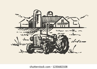 Tractor with a rural scene sketch vector illustration. Rustic farm landscape hand drawn illustration.