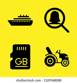tractor, sd card, ship and magnifying glass vector icon set. Sample icons set for web and graphic design