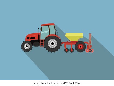 A tractor with a seeder. Agricultural illustration in flat design style vector.