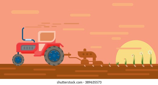 Tractor seeding machine works in a field. Rural landscape background. Agriculture machinery. Farm field works. Cultivation plants. Spring sowing. Vector illustration