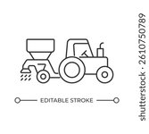 Tractor with seeds drill line icon. Agricultural combine sowing plants in field. Device dragged by tractor. Isolated vector illustration. Outline symbol. Simple linear drawing. Editable stroke