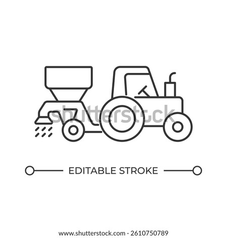 Tractor with seeds drill line icon. Agricultural combine sowing plants in field. Device dragged by tractor. Isolated vector illustration. Outline symbol. Simple linear drawing. Editable stroke