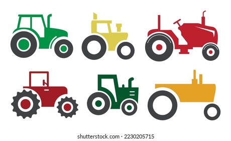 Tractor set icon. colored farm tractor with side view