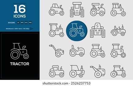 Tractor set of outline icons related to analysis, infographic, analytics. Editable stroke. Vector illustration.