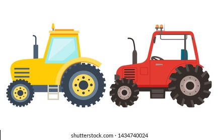 Tractor set, side view of agricultural transport, farming machine. Meadow equipment, transportation on field, harvest vehicle element of decoration vector