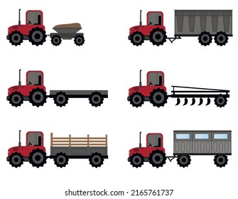 Tractor, set of tractors with trailer and containers isolated on white background. Sowing season or Agriculture concept. vector illustration.
