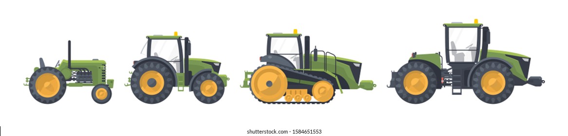 Tractor set. Vector flat illustarion. Green agriculture machine. Collection