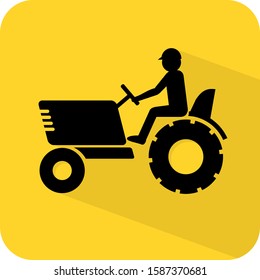 Tractor sign. Farm logo. Harvesting man on agricultural machinery. Flat 3D shadow design. yellow background black vector. product brand service label banner board display. App icon.