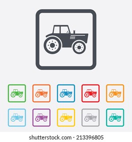 Tractor sign icon. Agricultural industry symbol. Round squares buttons with frame. Vector