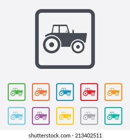 Tractor sign icon. Agricultural industry symbol. Round squares buttons with frame. Vector