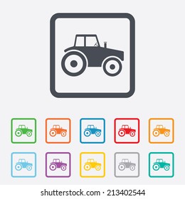 Tractor sign icon. Agricultural industry symbol. Round squares buttons with frame. Vector