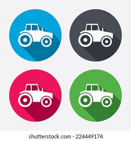 Tractor sign icon. Agricultural industry symbol. Circle buttons with long shadow. 4 icons set. Vector