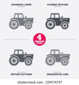 Tractor sign icon. Agricultural industry symbol. Diagonal and horizontal lines, classic outline, dotted texture. Pattern design icons.  Vector