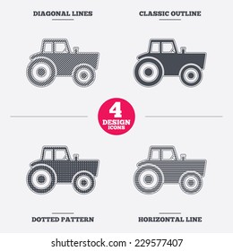 Tractor sign icon. Agricultural industry symbol. Diagonal and horizontal lines, classic outline, dotted texture. Pattern design icons.  Vector