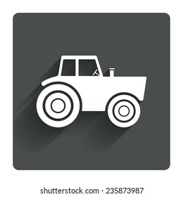 Tractor sign icon. Agricultural industry symbol. Gray flat square button with shadow. Modern UI website navigation. Vector