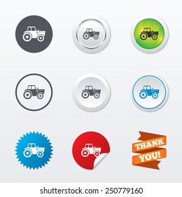 Tractor sign icon. Agricultural industry symbol. Circle concept buttons. Metal edging. Star and label sticker. Vector