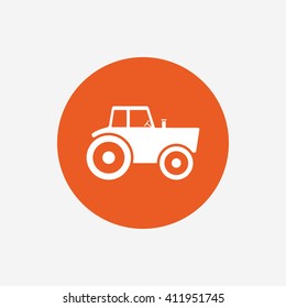 Tractor sign icon. Agricultural industry symbol. Orange circle button with icon. Vector