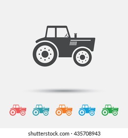 Tractor sign icon. Agricultural industry symbol. Graphic element on white background. Colour clean flat tractor icons. Vector