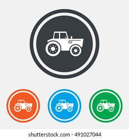 Tractor sign icon. Agricultural industry symbol. Graphic design web element. Flat tractor symbol on the round button. Vector
