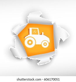 Tractor sign icon and breakthrough paper hole with ragged edges with a space for your message.