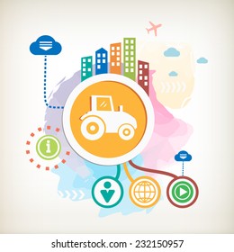 Tractor sign icon and city on abstract colorful watercolor background with different icon and elements. Design for the print, advertising, banner.