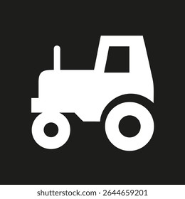 Tractor silhouette logo.White icon tractor isolated on black background.Vector illustration side view.
