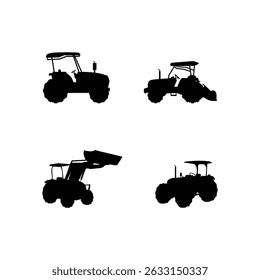 Tractor Silhouette Set Vector Collection Featuring Farm Vehicles in Various Positions Isolated on White Background