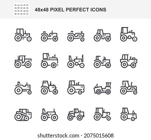 Tractor simple flat line icons set. Pixel perfect. Editable Strokes.