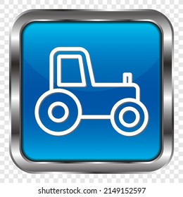 Tractor simple icon. Flat design. Metal, blue square button. Transparent grid.ai