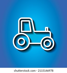 Tractor simple icon. Flat desing. White icon with shadow on blue background.ai