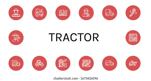 iconos sencillos del tractor. Contiene íconos como Granjero, Tractor, Maquinaria, coche de carga, Flor, Granja de oveja, Tierra de caucho, Camión de carga, Agricultura, pueden ser usados para la web, móvil y logo