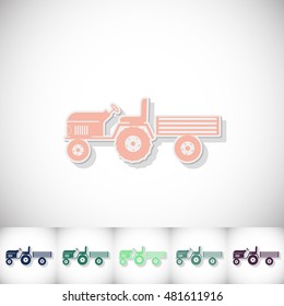 Tractor and small trailer. Flat sticker with shadow on white background. Vector illustration