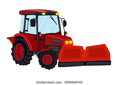 Tractor With Snowplow Isolated On White Background. Red Snowplow Truck. Winter Snow Removal Machine. Snow Grooming Car. Winter Service Vehicle, Seasonal Work. Utility Vehicle.Stock Vector Illustration