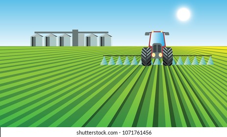 Tractor spraying green crops on cultivated field. Agriculture farming concept