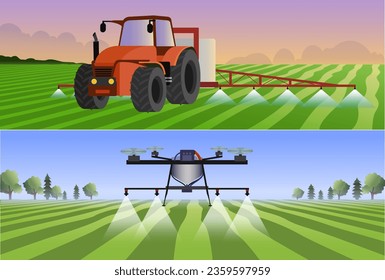 tractor spraying pesticide, drone spraying fertilizer in farm field vector illustration, agriculture industry website concept