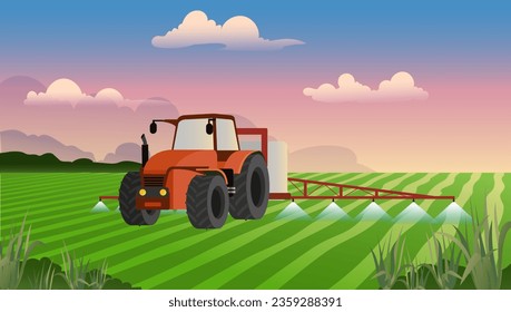 Tractor spraying pesticides on farm field with sprayer machine vector illustration, agricultural industry website concept