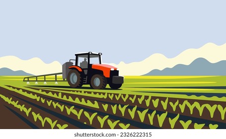 Tractor spraying pesticides on field spring. Agriculture landscape