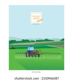 Tractor sprays fertilizer on the field. Vector illustration of a field with a young harvest. Field fertilization. Fertile lands. svg