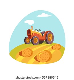 Tractor Standing On The Field With Hay Stacks, Farm And Farming Related Illustration In Bright Cartoon Style