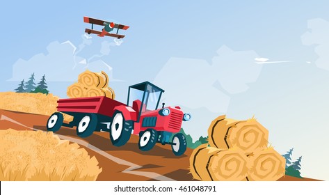 Tractor Straw Bale Wheat Harvest Field Vector Illustration