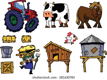Tractor, styling tools and cute farm animals.
Hand-drawn cartoon style