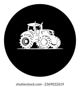 A tractor symbol in the center. Isolated white symbol in black circle. Vector illustration on white background