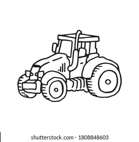 Tractor symbol, hand drawn outline illustration. Farm vehicle logo, simple black and white logo illustration. Farming and agricultural vintage motorized machine. Farmer agronomy equipment drawing.