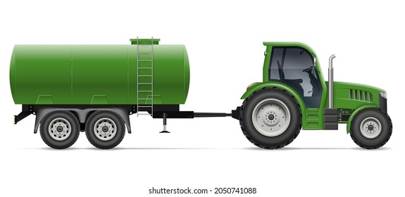 Tractor with tank vector illustration view from side. Agricultural vehicle mockup isolated on white background. All elements in the groups for easy editing and recolor