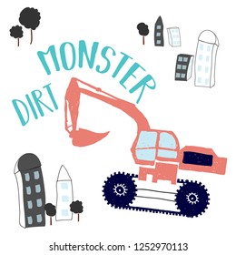 tractor tee  tree home city text monster illustration art vector 