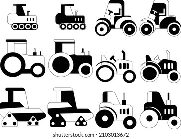 tractor track set collection icon vector on white isolated background