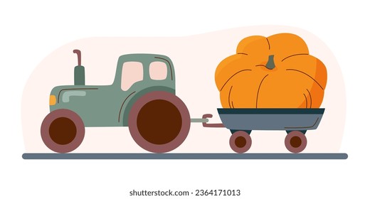 A tractor with a trailed cart with a large pumpkin in it. Thanksgiving concept, harvest concept.
